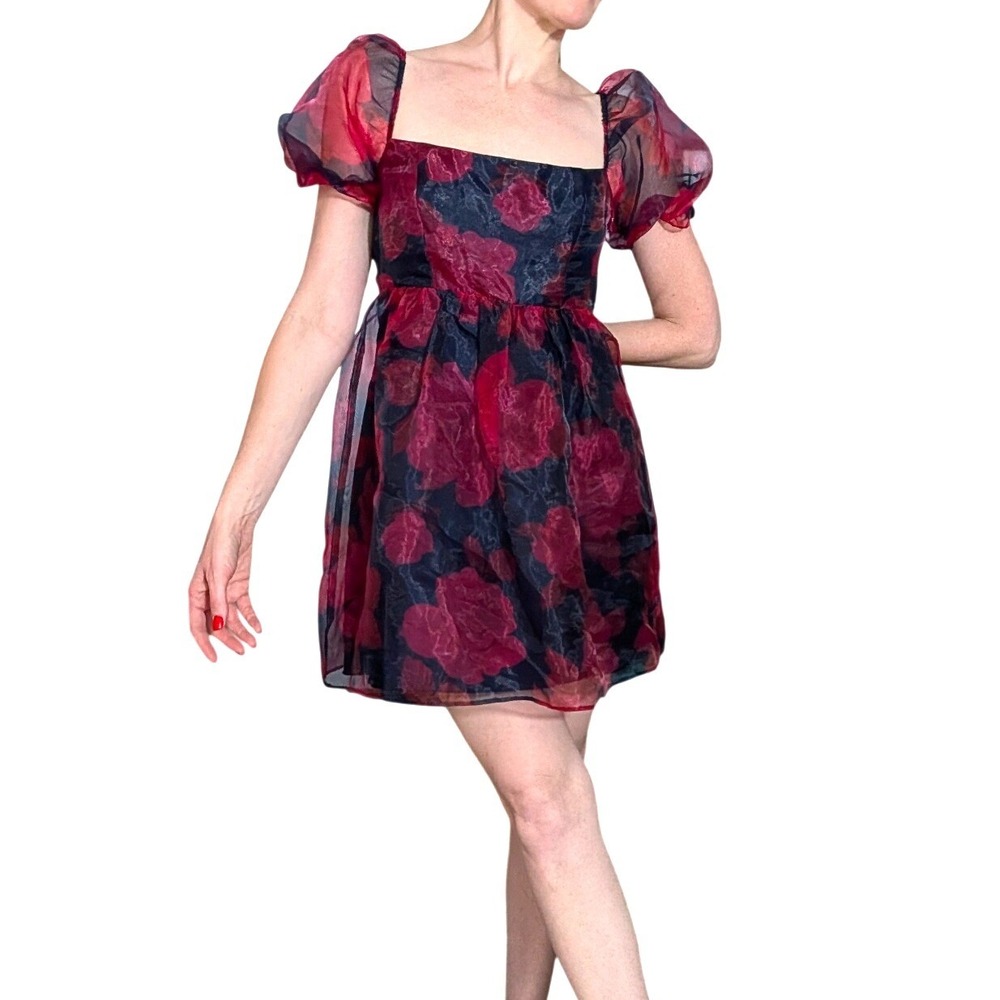 B. Darlin Floral Puff Sleeve Babydoll Mini Dress Red Navy Rose Sz 7/8 (Est)